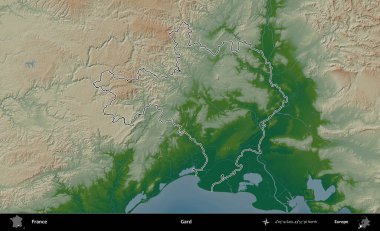 Gard. Renkli bir yükseklik haritasında Fransa 'nın ana yönetim alanı belirtilmiş