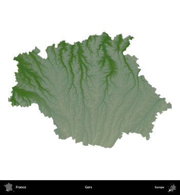 Gers. Fransa 'nın idari bölgesi renkli bir yükseklik haritasında beyaza izole edilmiş