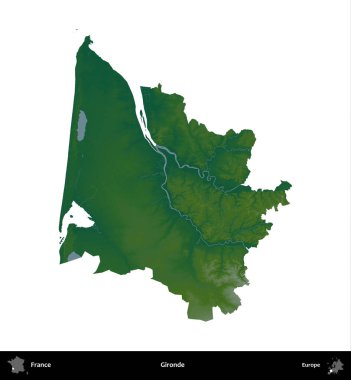 Gironde. Fransa 'nın idari bölgesi renkli bir yükseklik haritasında beyaza izole edilmiş