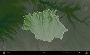 Gers. Fransa 'nın idari alanı koyu renkli bir yükseklik haritasına vurgulandı ve özetlendi