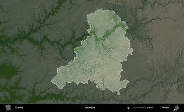 Gourdon. Fransa 'nın idari alanı koyu renkli bir yükseklik haritasına vurgulandı ve özetlendi
