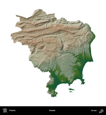 Grasse. Fransa 'nın idari bölgesi renkli bir yükseklik haritasında beyaza izole edilmiş