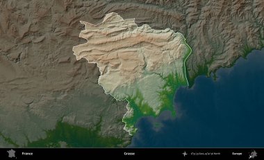 Grasse. Fransa 'nın idari alanı koyu renkli bir yükseklik haritasına vurgulandı ve özetlendi
