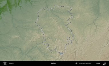 Gueret. Renkli bir yükseklik haritasında Fransa 'nın ana yönetim alanı belirtilmiş