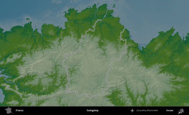 Guingamp. Renkli bir yükseklik haritasında Fransa 'nın ana yönetim alanı belirtilmiş