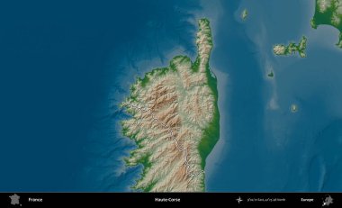 Haute-Corse. Renkli bir yükseklik haritasında Fransa 'nın ana yönetim alanı belirtilmiş