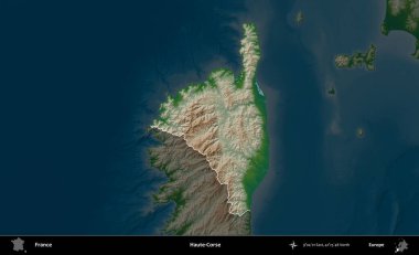 Haute-Corse. Fransa 'nın idari alanı koyu renkli bir yükseklik haritasına vurgulandı ve özetlendi