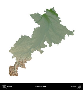 Haute-Garonne. Fransa 'nın idari bölgesi renkli bir yükseklik haritasında beyaza izole edilmiş