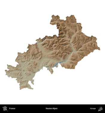 Hautes-Alpes. Fransa 'nın idari bölgesi renkli bir yükseklik haritasında beyaza izole edilmiş