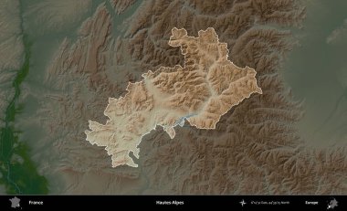 Hautes-Alpes. Fransa 'nın idari alanı koyu renkli bir yükseklik haritasına vurgulandı ve özetlendi