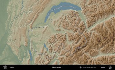 Haute-Savoie. Renkli bir yükseklik haritasında Fransa 'nın ana yönetim alanı belirtilmiş