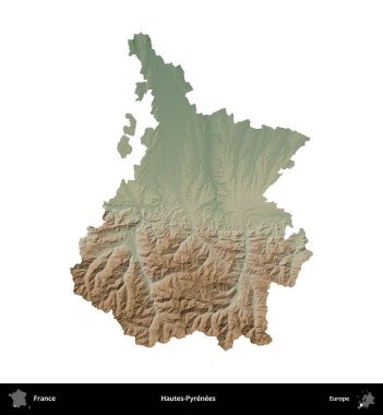 Hautes-Pyrenees 'de. Fransa 'nın idari bölgesi renkli bir yükseklik haritasında beyaza izole edilmiş
