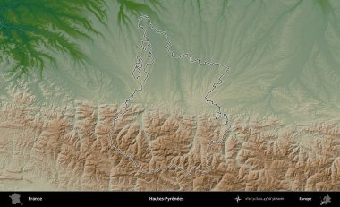 Hautes-Pyrenees 'de. Renkli bir yükseklik haritasında Fransa 'nın ana yönetim alanı belirtilmiş