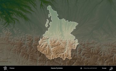 Hautes-Pyrenees 'de. Fransa 'nın idari alanı koyu renkli bir yükseklik haritasına vurgulandı ve özetlendi