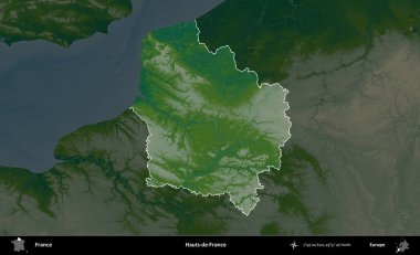 Hauts-de-France. Fransa 'nın idari alanı koyu renkli bir yükseklik haritasına vurgulandı ve özetlendi