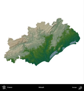 Herault. Fransa 'nın idari bölgesi renkli bir yükseklik haritasında beyaza izole edilmiş