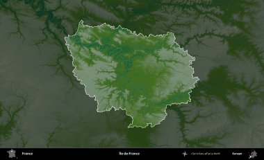 Ile-de-France. Fransa 'nın idari alanı koyu renkli bir yükseklik haritasına vurgulandı ve özetlendi