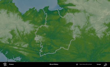 Ille-et-Vilaine. Renkli bir yükseklik haritasında Fransa 'nın ana yönetim alanı belirtilmiş
