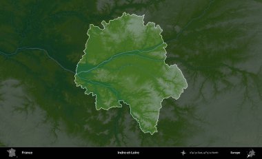 Indre-et-Loire. Fransa 'nın idari alanı koyu renkli bir yükseklik haritasına vurgulandı ve özetlendi
