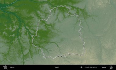 Indre. Renkli bir yükseklik haritasında Fransa 'nın ana yönetim alanı belirtilmiş