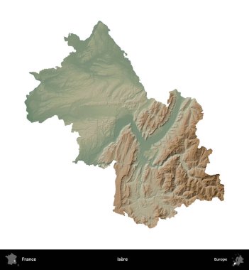 Isere. Fransa 'nın idari bölgesi renkli bir yükseklik haritasında beyaza izole edilmiş