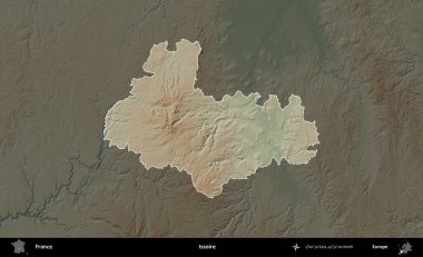 Issoire. Fransa 'nın idari alanı koyu renkli bir yükseklik haritasına vurgulandı ve özetlendi