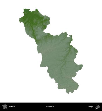 Issoudun. Fransa 'nın idari bölgesi renkli bir yükseklik haritasında beyaza izole edilmiş