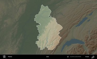 Jura. Fransa 'nın idari alanı koyu renkli bir yükseklik haritasına vurgulandı ve özetlendi