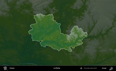 La Fleche. Fransa 'nın idari alanı koyu renkli bir yükseklik haritasına vurgulandı ve özetlendi