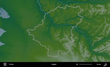 Langon. Renkli bir yükseklik haritasında Fransa 'nın ana yönetim alanı belirtilmiş