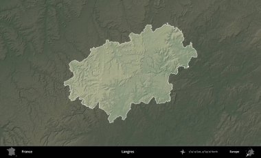 Langres. Fransa 'nın idari alanı koyu renkli bir yükseklik haritasına vurgulandı ve özetlendi