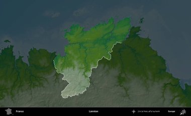 Lannion. Fransa 'nın idari alanı koyu renkli bir yükseklik haritasına vurgulandı ve özetlendi