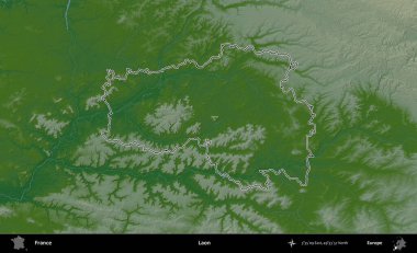 Laon. Renkli bir yükseklik haritasında Fransa 'nın ana yönetim alanı belirtilmiş