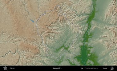 Largentiere. Renkli bir yükseklik haritasında Fransa 'nın ana yönetim alanı belirtilmiş