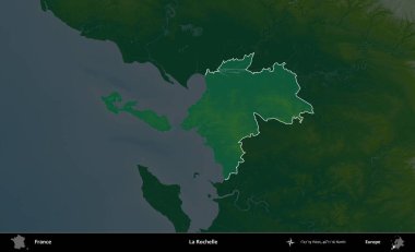 La Rochelle. Fransa 'nın idari alanı koyu renkli bir yükseklik haritasına vurgulandı ve özetlendi