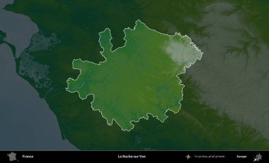 La Roche-sur-Yon. Fransa 'nın idari alanı koyu renkli bir yükseklik haritasına vurgulandı ve özetlendi