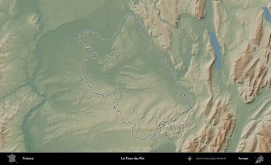La Tour-du-Pin. Renkli bir yükseklik haritasında Fransa 'nın ana yönetim alanı belirtilmiş