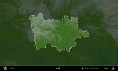 Laval. Fransa 'nın idari alanı koyu renkli bir yükseklik haritasına vurgulandı ve özetlendi