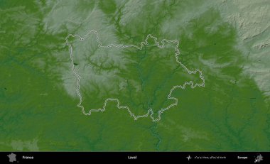 Laval. Renkli bir yükseklik haritasında Fransa 'nın ana yönetim alanı belirtilmiş