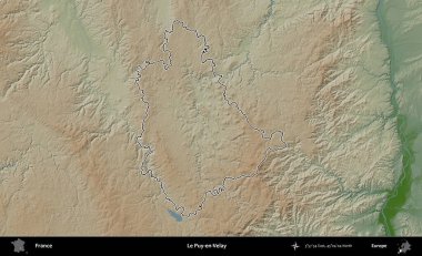 Le Puy-en-Velay. Renkli bir yükseklik haritasında Fransa 'nın ana yönetim alanı belirtilmiş
