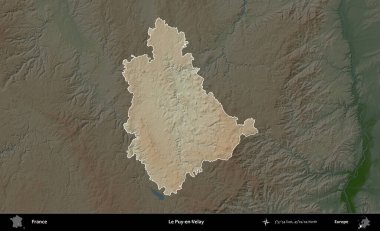 Le Puy-en-Velay. Fransa 'nın idari alanı koyu renkli bir yükseklik haritasına vurgulandı ve özetlendi