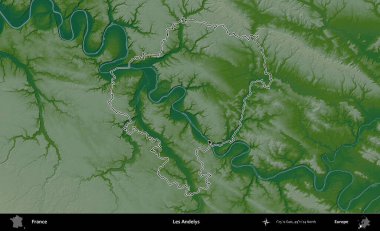 Les Andelys. Renkli bir yükseklik haritasında Fransa 'nın ana yönetim alanı belirtilmiş