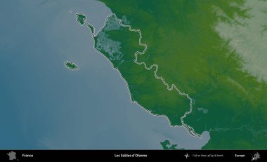 Les Sables-d'Olonne. Renkli bir yükseklik haritasında Fransa 'nın ana yönetim alanı belirtilmiş