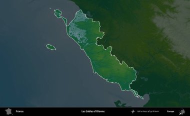Les Sables-d'Olonne. Fransa 'nın idari alanı koyu renkli bir yükseklik haritasına vurgulandı ve özetlendi