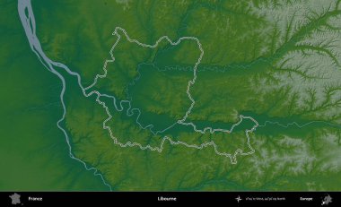 Libourne. Renkli bir yükseklik haritasında Fransa 'nın ana yönetim alanı belirtilmiş