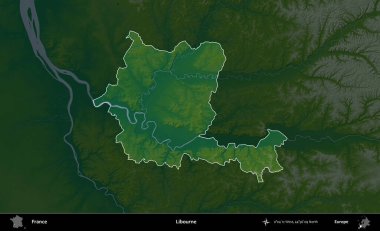 Libourne. Fransa 'nın idari alanı koyu renkli bir yükseklik haritasına vurgulandı ve özetlendi