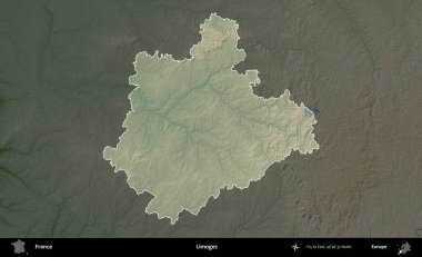 Limojeler. Fransa 'nın idari alanı koyu renkli bir yükseklik haritasına vurgulandı ve özetlendi