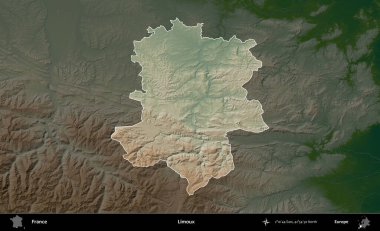 Limuzin. Fransa 'nın idari alanı koyu renkli bir yükseklik haritasına vurgulandı ve özetlendi
