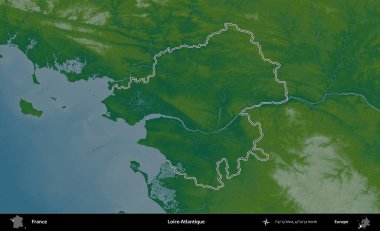 Loire-Atlantique 'de. Renkli bir yükseklik haritasında Fransa 'nın ana yönetim alanı belirtilmiş