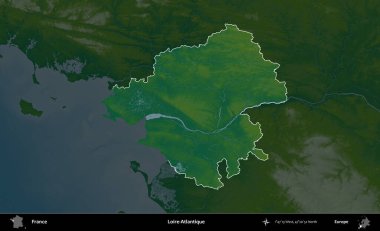 Loire-Atlantique 'de. Fransa 'nın idari alanı koyu renkli bir yükseklik haritasına vurgulandı ve özetlendi